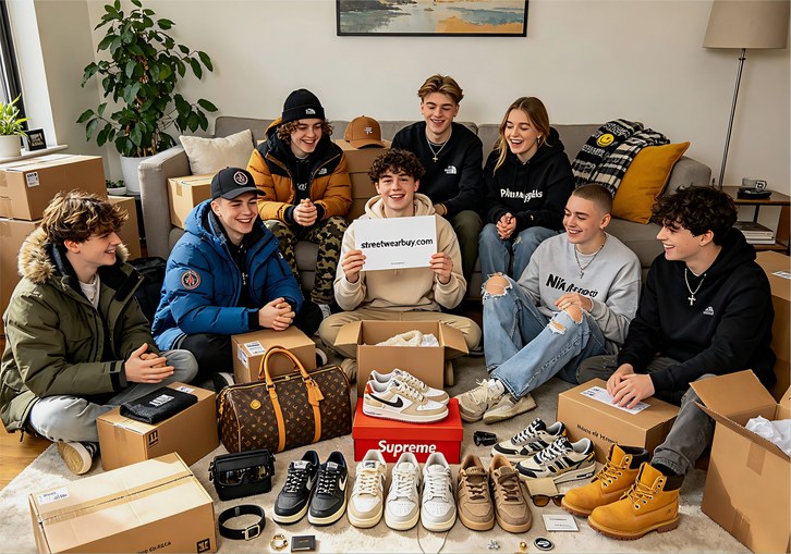 Rep buyer couple with haul from CNFans showing Jordan 1s, Yeezy 350s and streetwear from verified Pandabuy alternative